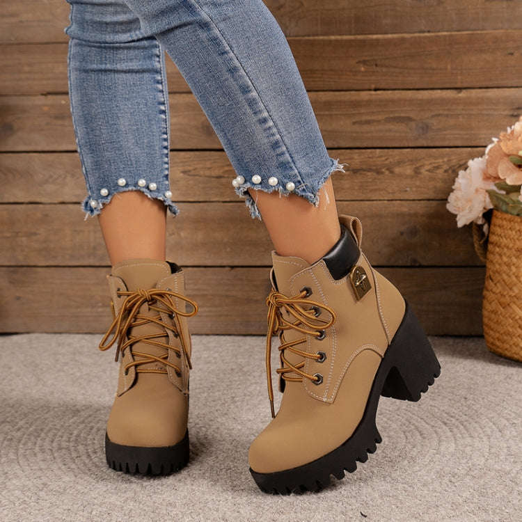 Spring Autumn Women Short Boots Chunky High Heel Leather Boots Lace-up Ladies Shoes, Size: 41(Yel...