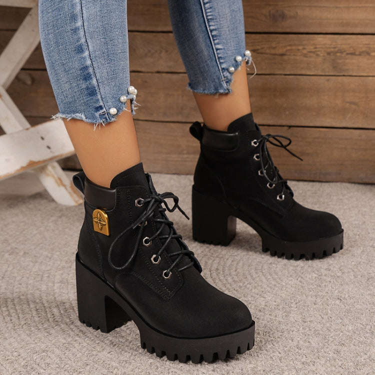 Spring Autumn Women Short Boots Chunky High Heel Leather Boots Lace-up Ladies Shoes, Size: 42(Black)