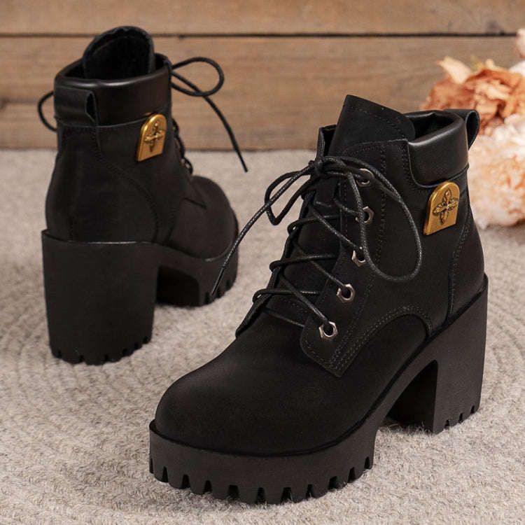 Spring Autumn Women Short Boots Chunky High Heel Leather Boots Lace-up Ladies Shoes, Size: 41(Yel...