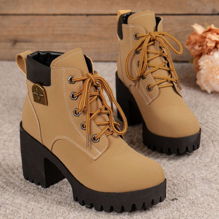 Spring Autumn Women Short Boots Chunky High Heel Leather Boots Lace-up Ladies Shoes, Size: 39(Yel...
