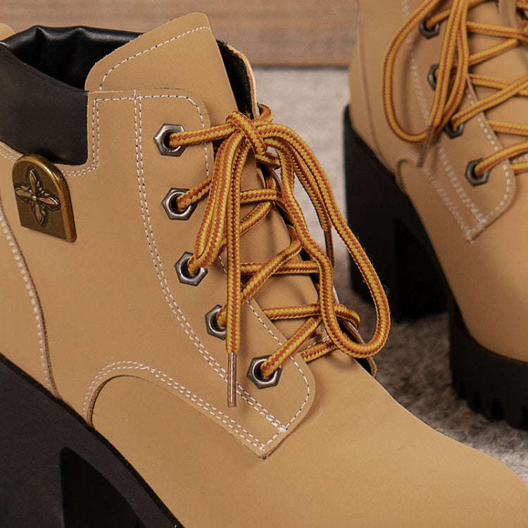 Spring Autumn Women Short Boots Chunky High Heel Leather Boots Lace-up Ladies Shoes, Size: 41(Yel...