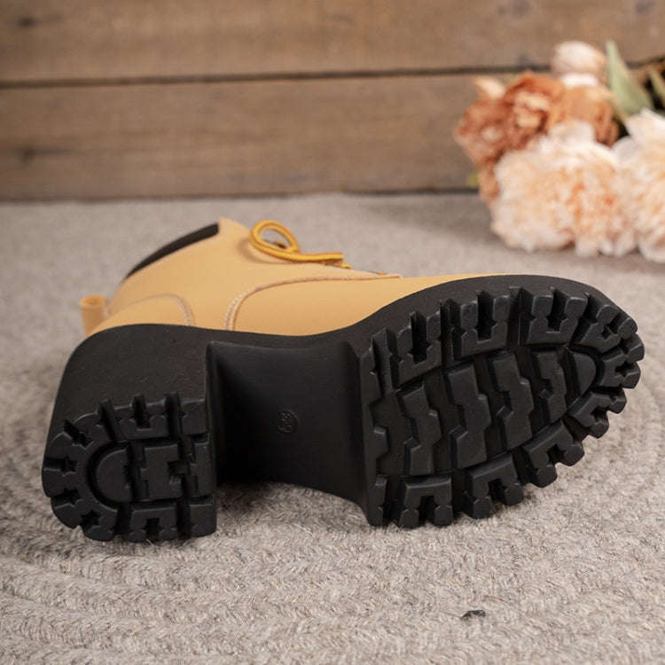Spring Autumn Women Short Boots Chunky High Heel Leather Boots Lace-up Ladies Shoes, Size: 41(Yel...