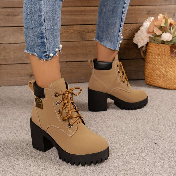 Spring Autumn Women Short Boots Chunky High Heel Leather Boots Lace-up Ladies Shoes, Size: 41(Yel...