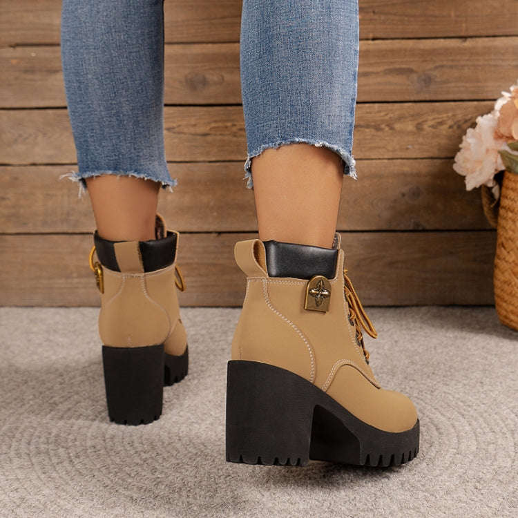 Spring Autumn Women Short Boots Chunky High Heel Leather Boots Lace-up Ladies Shoes, Size: 41(Yel...