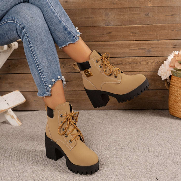 Spring Autumn Women Short Boots Chunky High Heel Leather Boots Lace-up Ladies Shoes, Size: 41(Yel...
