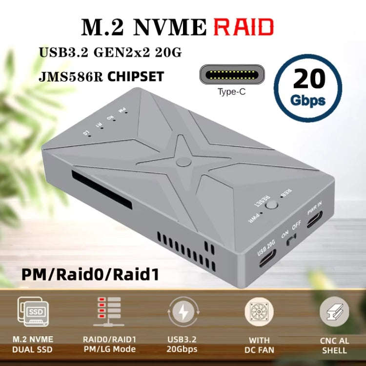 Dual M.2 NVME SSD RAID Array Mobile Hard Drive Enclosure Type-C USB3.2 GEN2x2 20G 586R(Dark Gray)