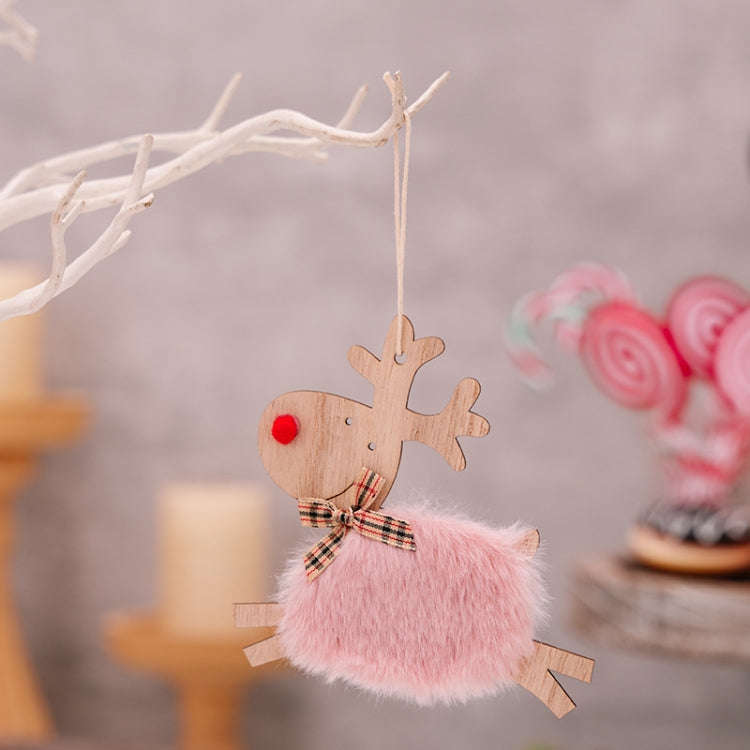 Christmas Tree Wooden Plush Elk Pendant Festival Decorations(Pink)