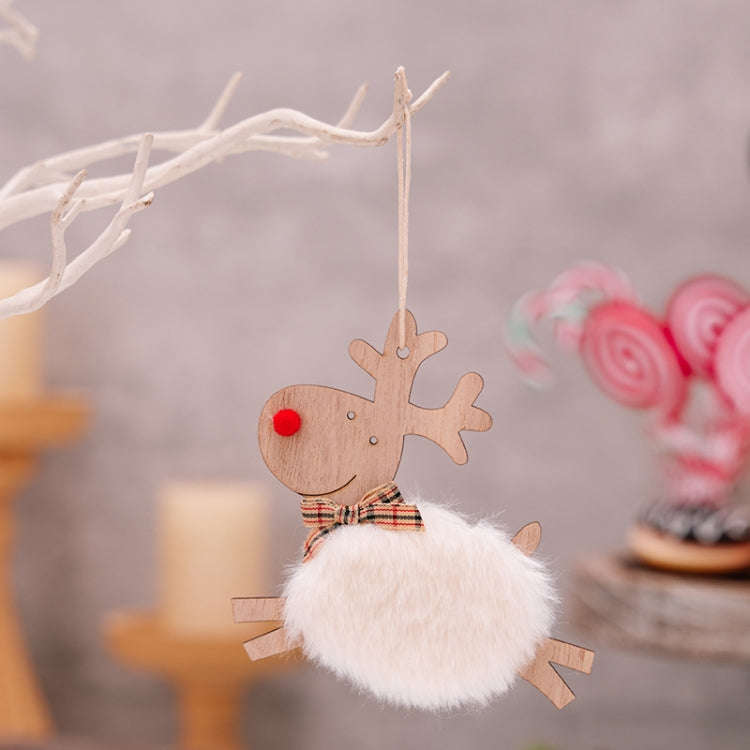 Christmas Tree Wooden Plush Elk Pendant Festival Decorations(White)
