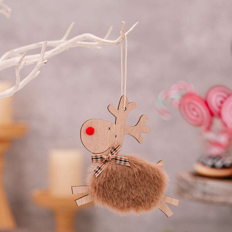 Christmas Tree Wooden Plush Elk Pendant Festival Decorations(Brown)