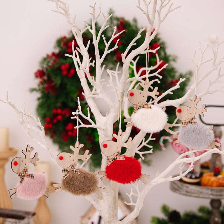 Christmas Tree Wooden Plush Elk Pendant Festival Decorations(Pink)