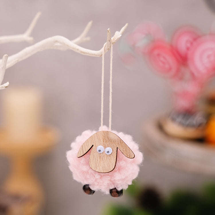 Christmas Tree Wooden Lambskin Lamb Pendant Holiday Decorations(Pink)
