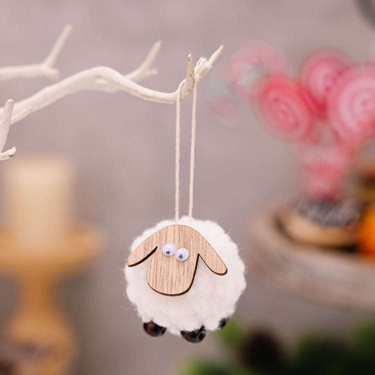 Christmas Tree Wooden Lambskin Lamb Pendant Holiday Decorations(White)