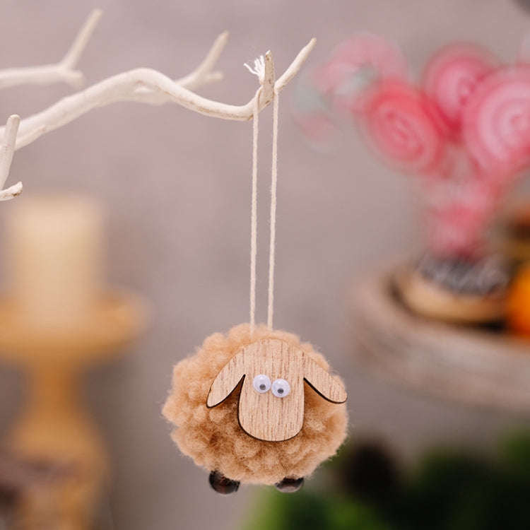 Christmas Tree Wooden Lambskin Lamb Pendant Holiday Decorations(Brown)