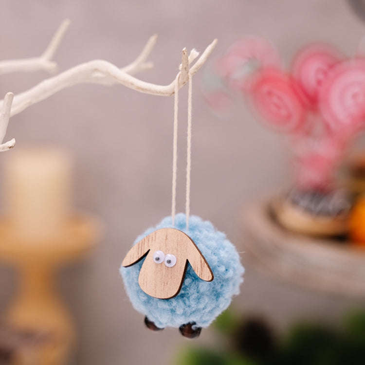 Christmas Tree Wooden Lambskin Lamb Pendant Holiday Decorations(Blue)