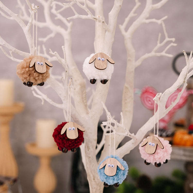 Christmas Tree Wooden Lambskin Lamb Pendant Holiday Decorations(Red)