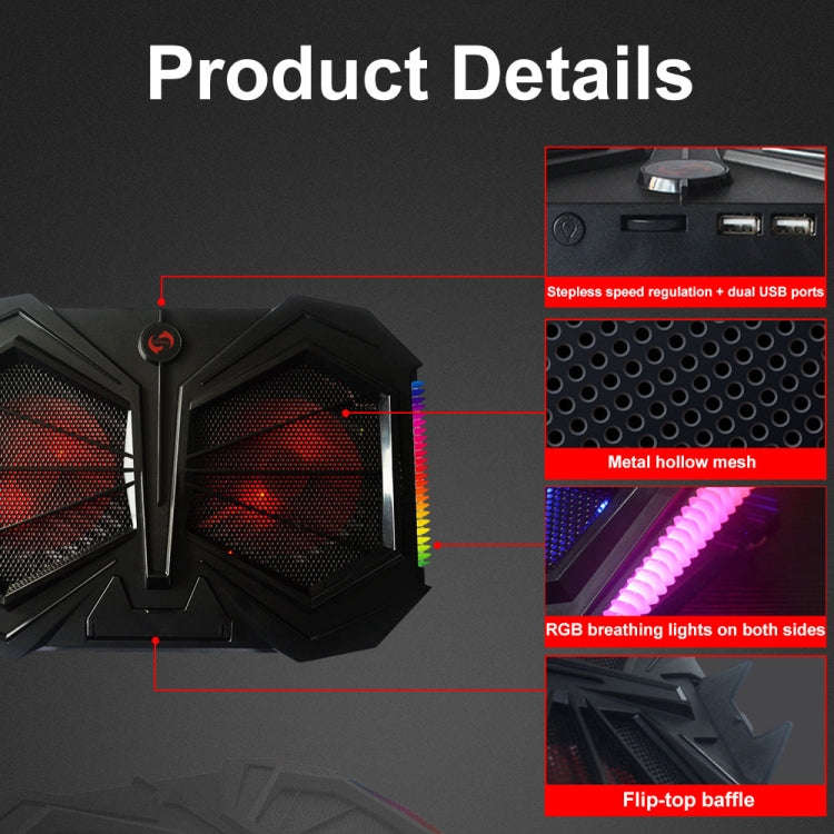 YL-017 2-Fans RGB Lighting Effect Silent Adjustable Speed Laptop Cooling Stand(Black)