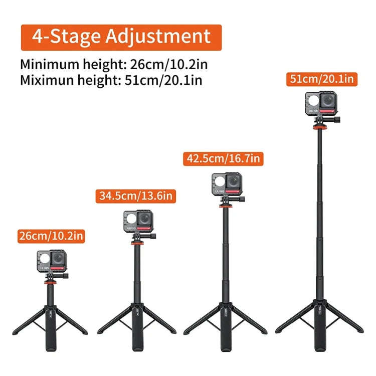 VRIG Action Camera Tripod Selfie Stick 17-51cm Adjustable Extension Pole for Insta360 / DJI Actio...