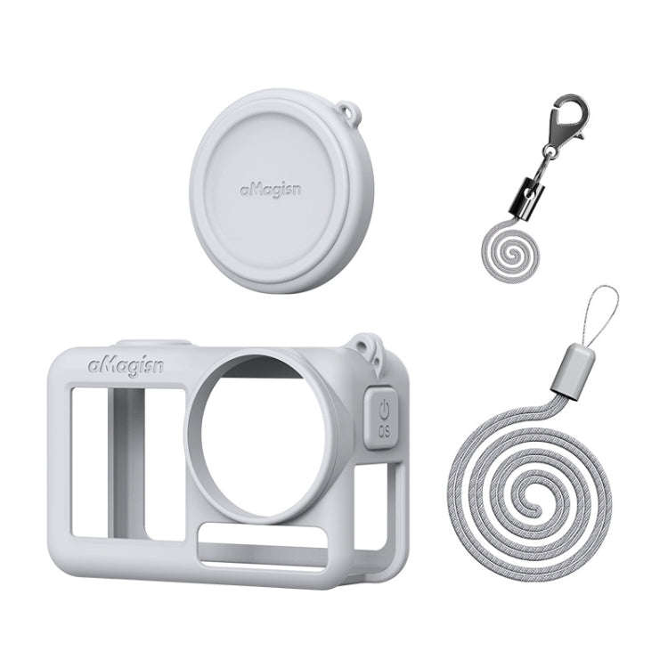 For DJI Osmo Action 5 Pro aMagisn Silicone Protective Case with Lanyard and Lens Cap(Light Gray)