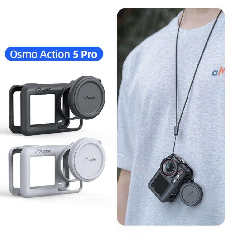 For DJI Osmo Action 5 Pro aMagisn Silicone Protective Case with Lanyard and Lens Cap(Light Gray)