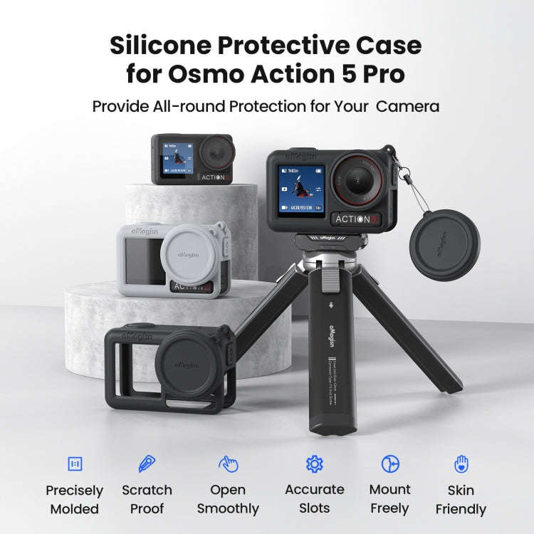 For DJI Osmo Action 5 Pro aMagisn Silicone Protective Case with Lanyard and Lens Cap(Light Gray)