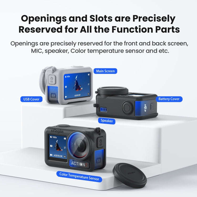 For DJI Osmo Action 5 Pro aMagisn Silicone Protective Case with Lanyard and Lens Cap(Light Gray)