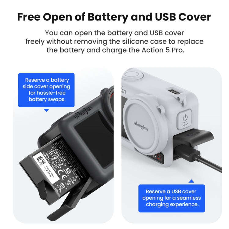 For DJI Osmo Action 5 Pro aMagisn Silicone Protective Case with Lanyard and Lens Cap(Light Gray)