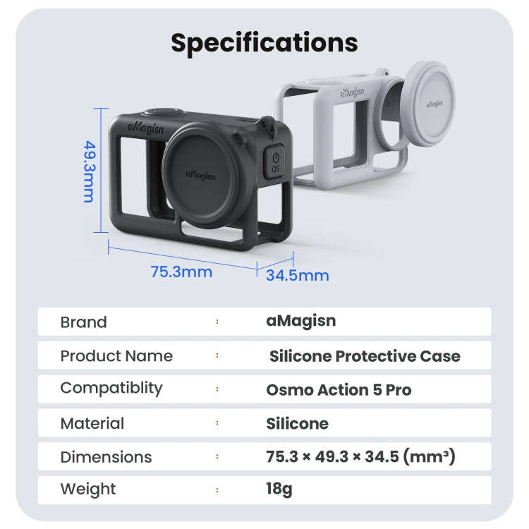 For DJI Osmo Action 5 Pro aMagisn Silicone Protective Case with Lanyard and Lens Cap(Light Gray)