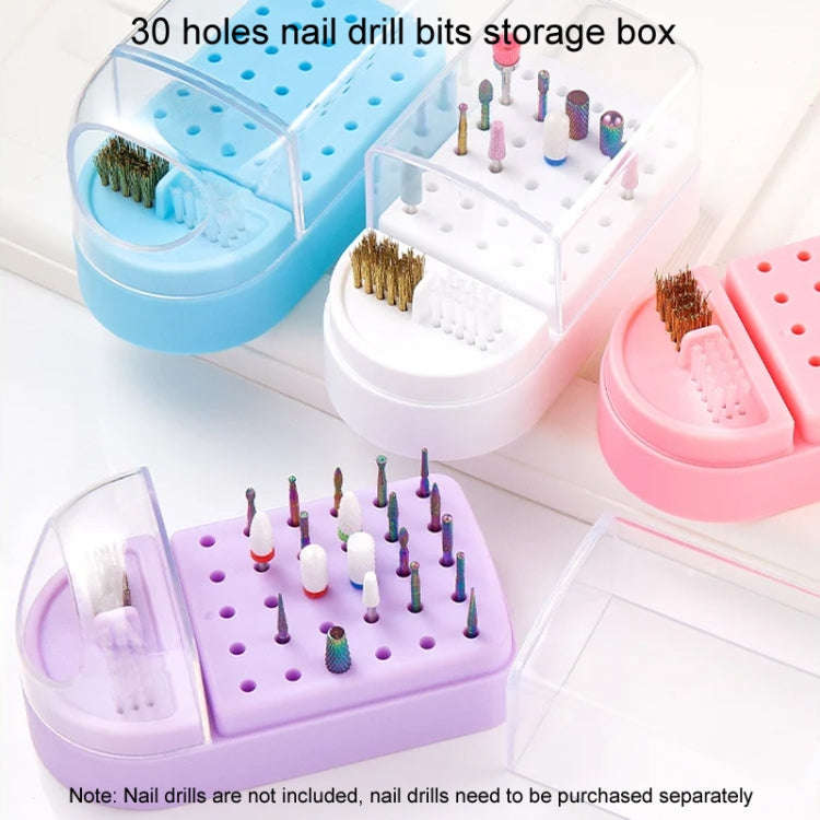 30 Holes Nail Art Drill Bits Storage Box Dustproof Display Rack With Cleaning Brush(White)