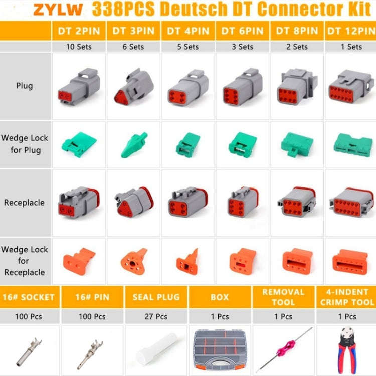 338pcs/Set DT Connector Kit Crimping Tool Set(2P/3P/4P/8P/6P/12P)