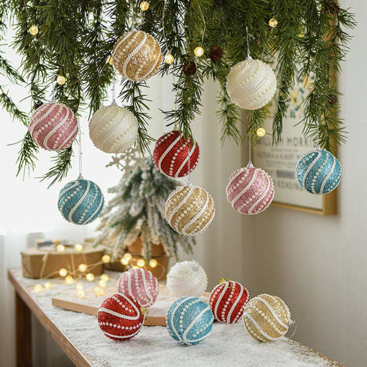 8cm Christmas Ball Christmas Tree Decoration Sequin Pearl Ball Hanging Ornament(Red)