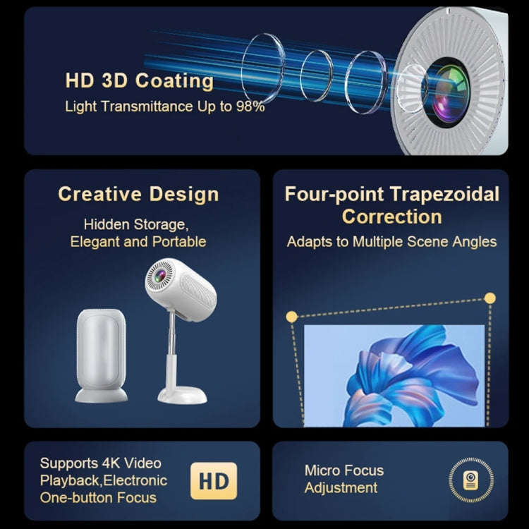 TS-6 Android 11 WiFi6 4K Mini Projector Hidden Lift Gimbal Projector US Plug(White)