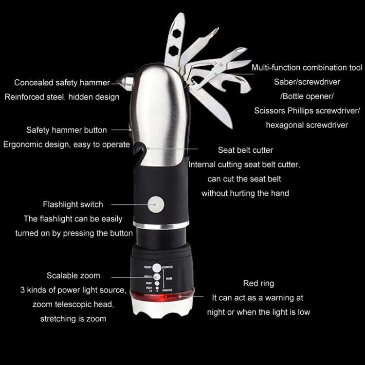 Outdoor Window Breaking Escape Safety Hammer Emergency Flashlight(Black White)