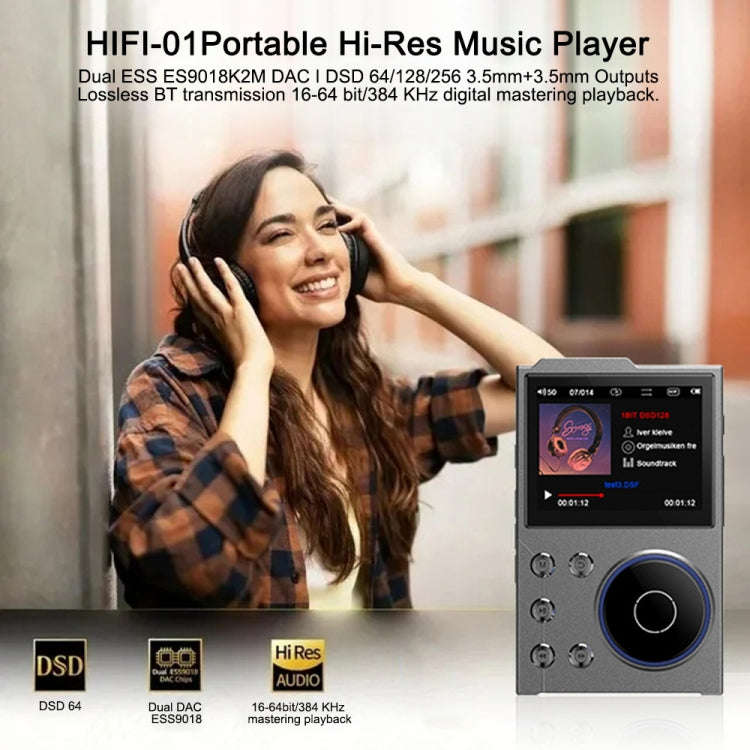 2.4 Inch HIFI Bluetooth Music Player DSD256 Mastering Sound Quality Walkman, Memory: 16GB(Black)