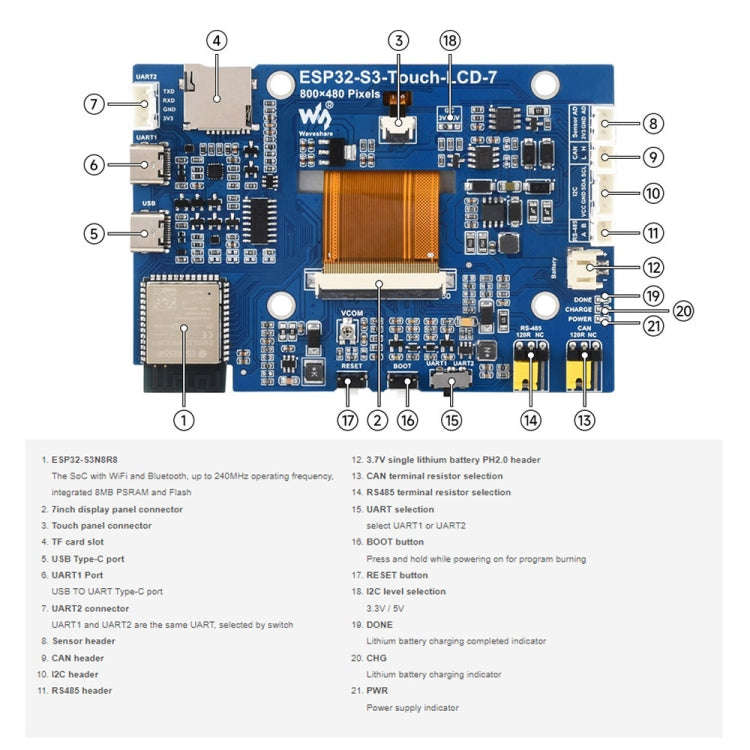 Waveshare ESP32-S3 7-Inch 800 X 480 Touch Display Development Board(27078)