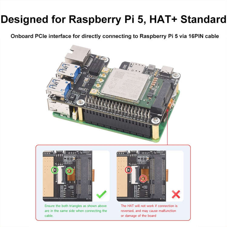 Waveshare For Raspberry Pi 5 PCIe to MiniPCIe / Gigabit Ethernet / USB 3.2 Gen1 HAT, Spec: SIM760...