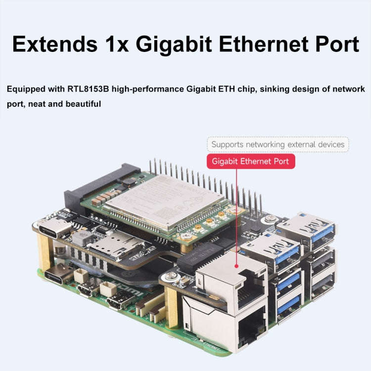 Waveshare For Raspberry Pi 5 PCIe to MiniPCIe / Gigabit Ethernet / USB 3.2 Gen1 HAT, Spec: SIM760...