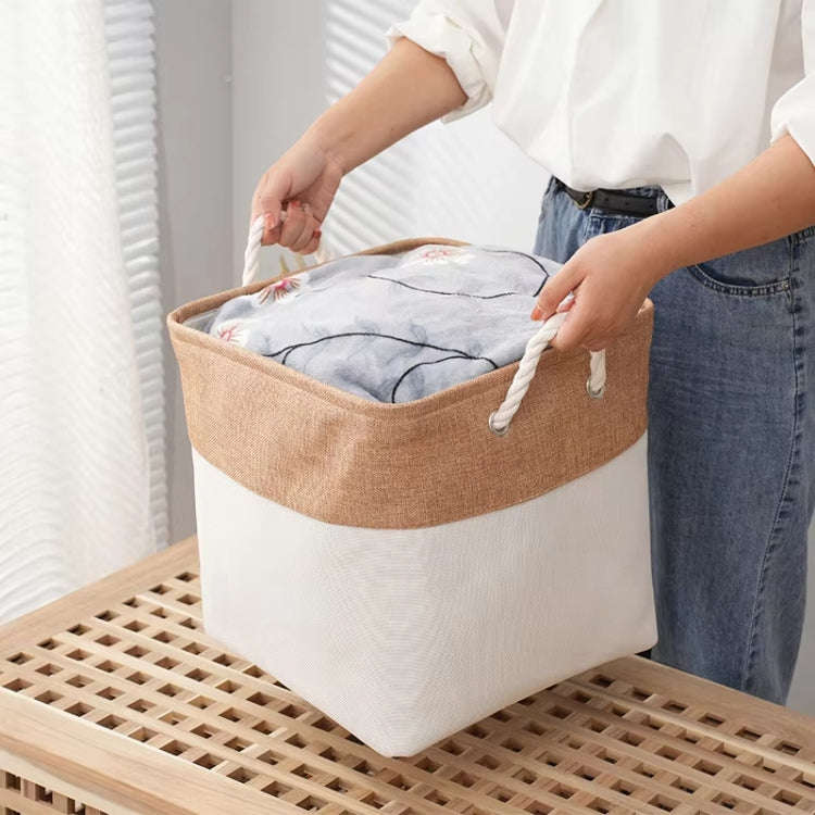 11 Inch Linen Fabric Storage Bag Large Capacity Square Collapsible Clothes Toy Organizer(Khaki an...