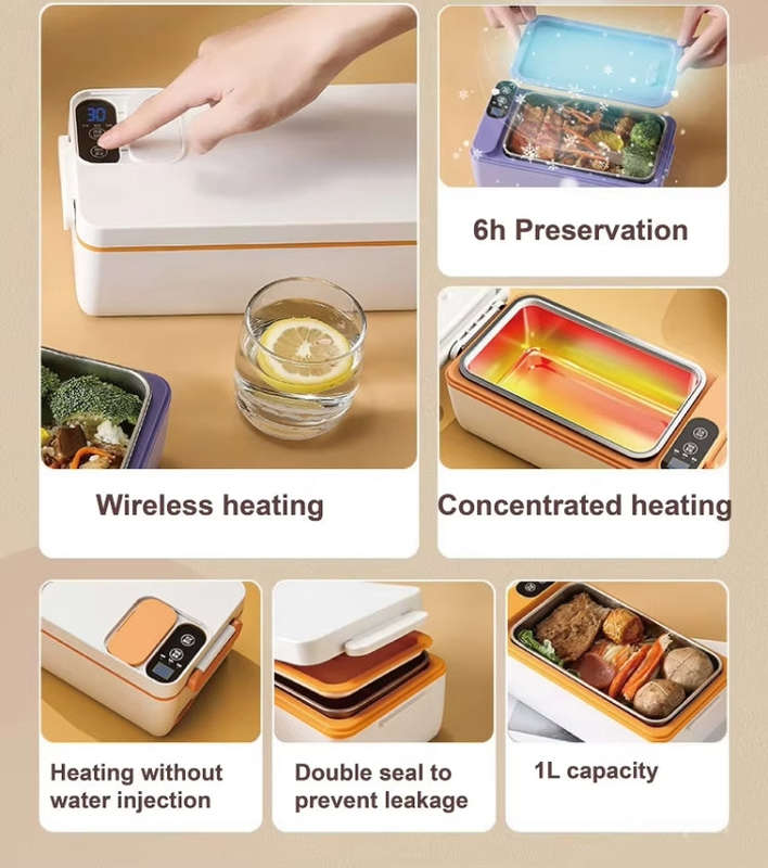 1000ml Wireless Heating Lunch Box USB Rechargeable Bento Box English Version(Purple)