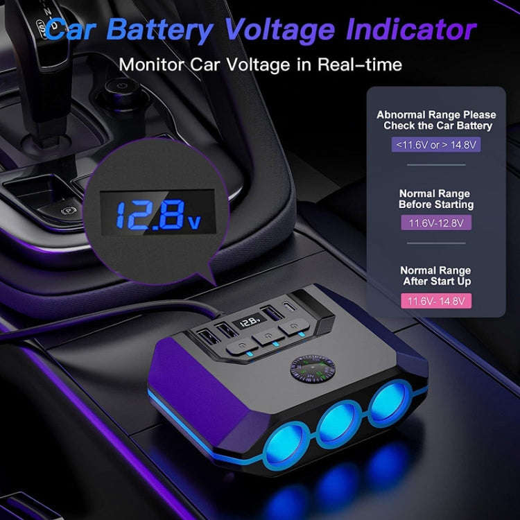 TR52 Car Cigarette Lighter One To Three With Switch Voltage Display