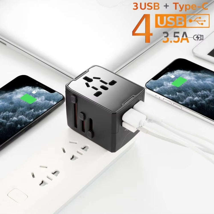 3 x USB & 1 x USB-C / Type-C Travel Plug Adapter International Universal Charging Block(Black)