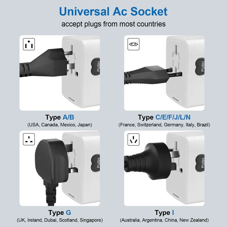 3 x USB & 1 x USB-C / Type-C Travel Plug Adapter International Universal Charging Block(Black)