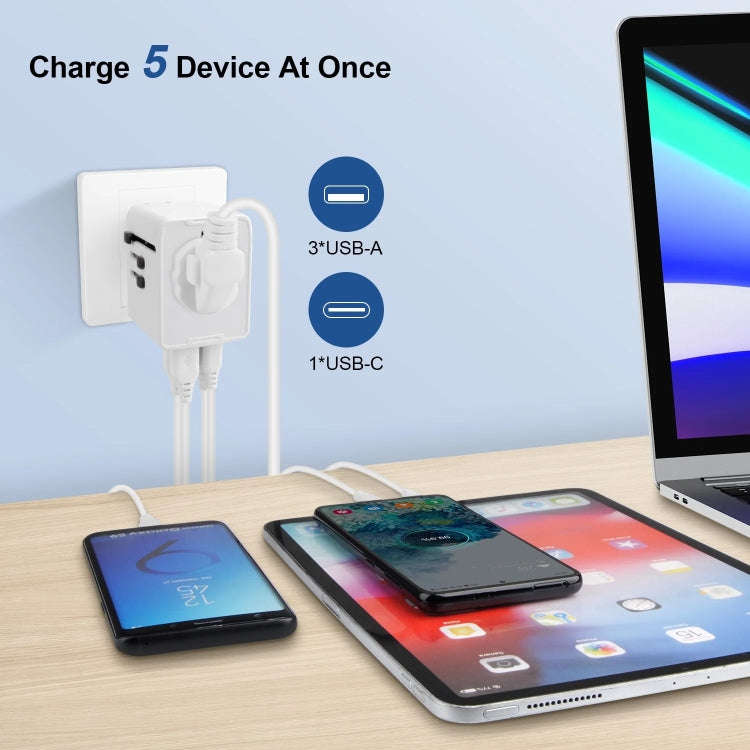 3 x USB & 1 x USB-C / Type-C Travel Plug Adapter International Universal Charging Block(White)