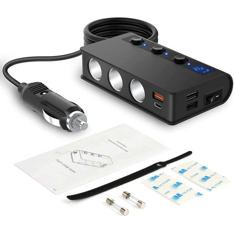 TR24 Car Cigarette Lighter One To Three With Switch 180W High Power Fast Charger(Black PD Version)