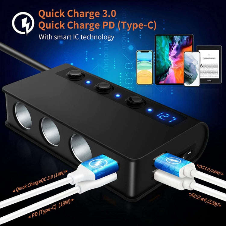 TR24 Car Cigarette Lighter One To Three With Switch 180W High Power Fast Charger(Black PD Version)