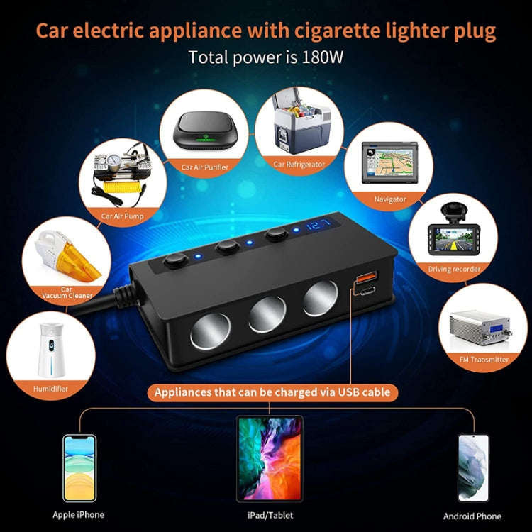TR24 Car Cigarette Lighter One To Three With Switch 180W High Power Fast Charger(Black PD Version)
