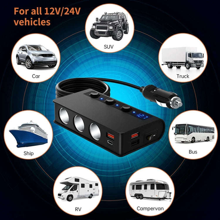 TR24 Car Cigarette Lighter One To Three With Switch 180W High Power Fast Charger(Black PD Version)