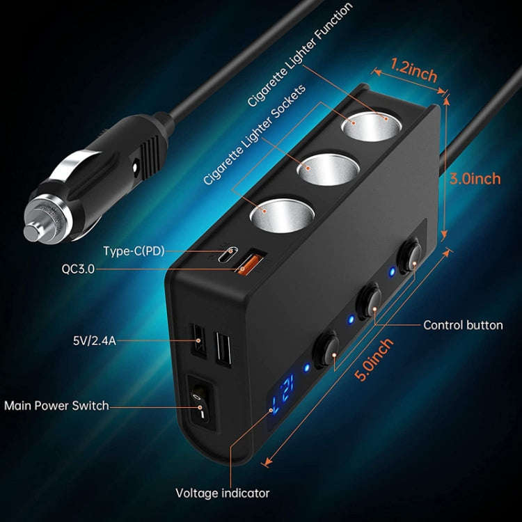 TR24 Car Cigarette Lighter One To Three With Switch 180W High Power Fast Charger(Black PD Version)