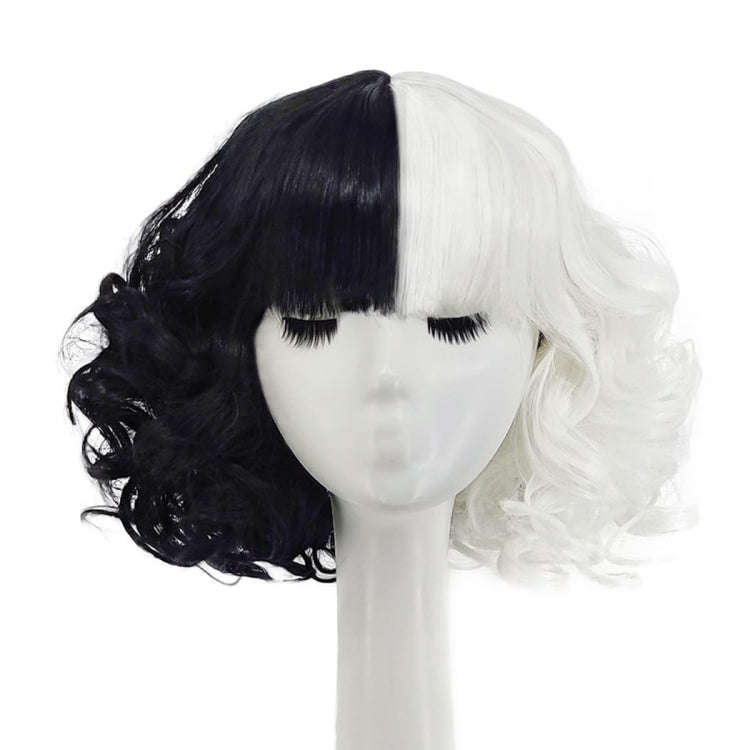Cosplay Cool Wigs Natural Breathable Head Cover Ladies Short Curl Wig Hat(Black White)