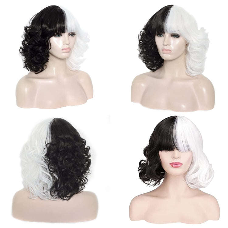 Cosplay Cool Wigs Natural Breathable Head Cover Ladies Short Curl Wig Hat(Black White)