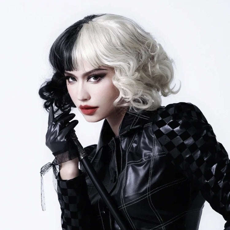 Cosplay Cool Wigs Natural Breathable Head Cover Ladies Short Curl Wig Hat(Black White)